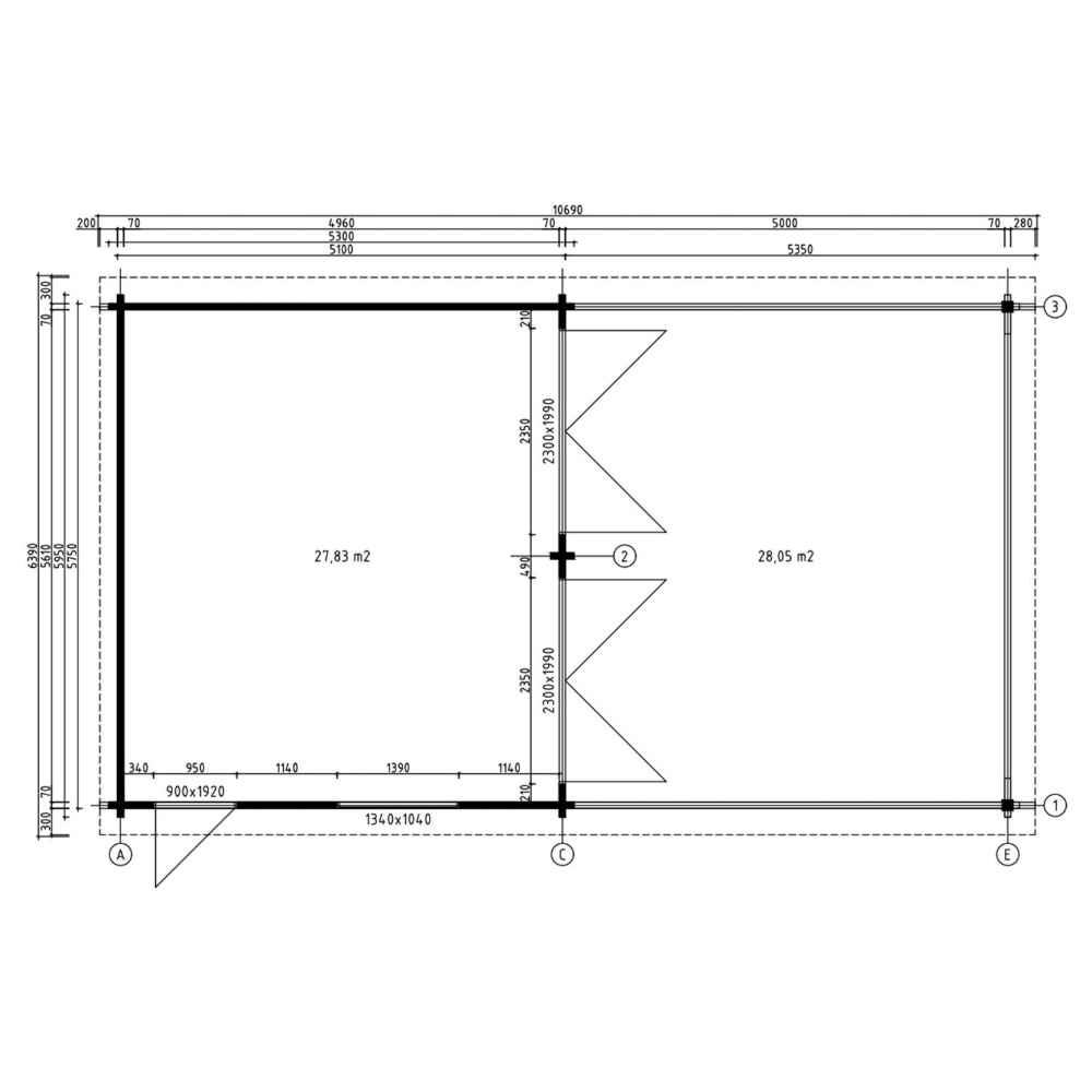 A floor plan of the GardenHouse24 USA Double Garage and Carport Erki 70 Garden Room displays interior measurements for both the garage and carport spaces