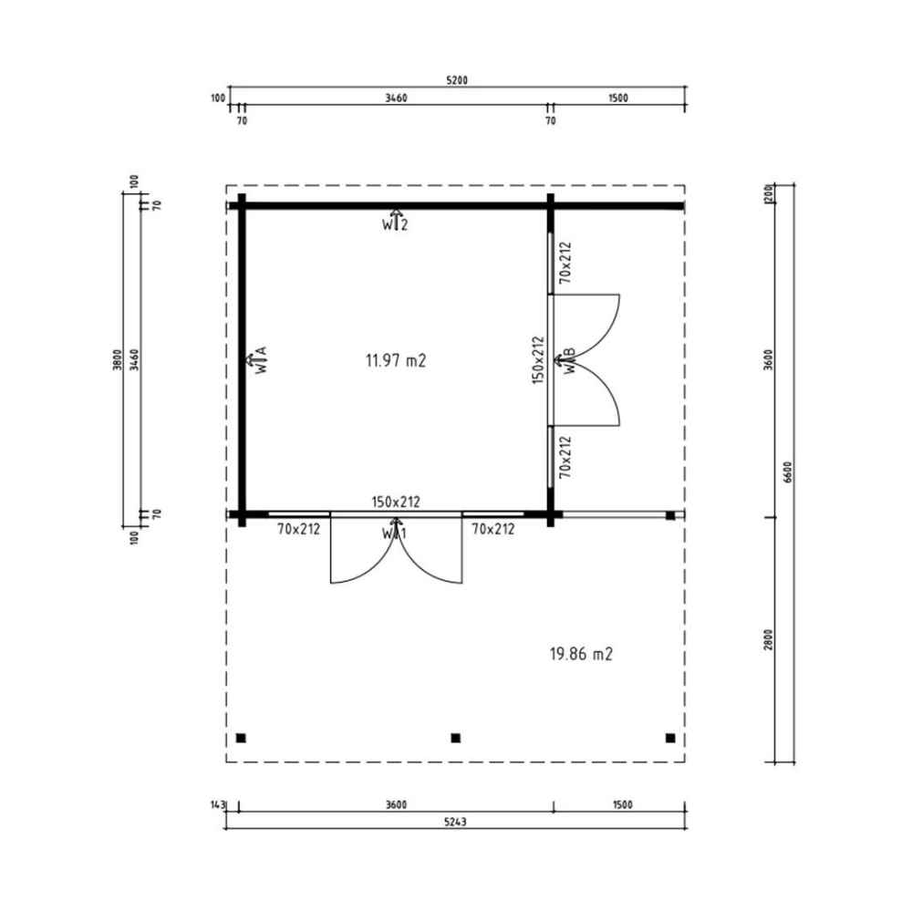 A floor plan of the GardenHouse24 USA Keno 70 Garden Room details internal room sizes, door dimensions, and the full garden footprint