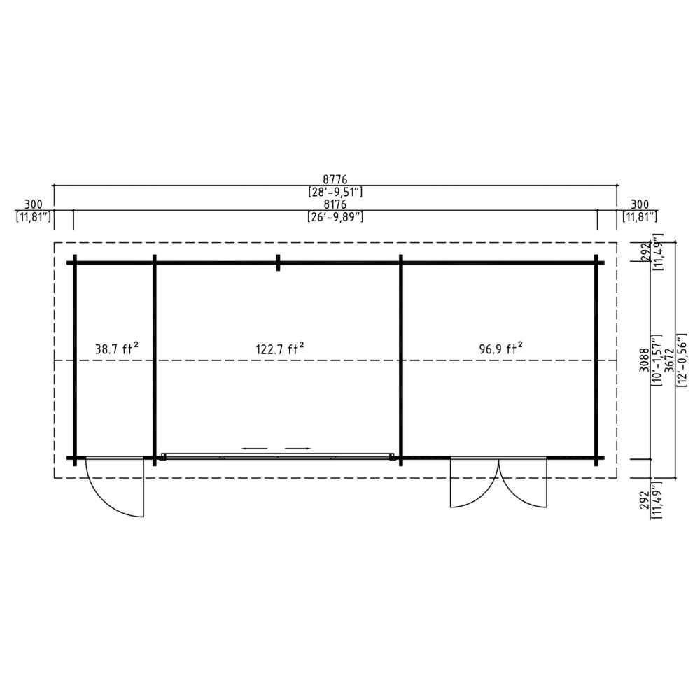 A floor plan of the GardenHouse24 USA Mikelli 44 Garden Room in feet shows three distinct sections with labeled square footage