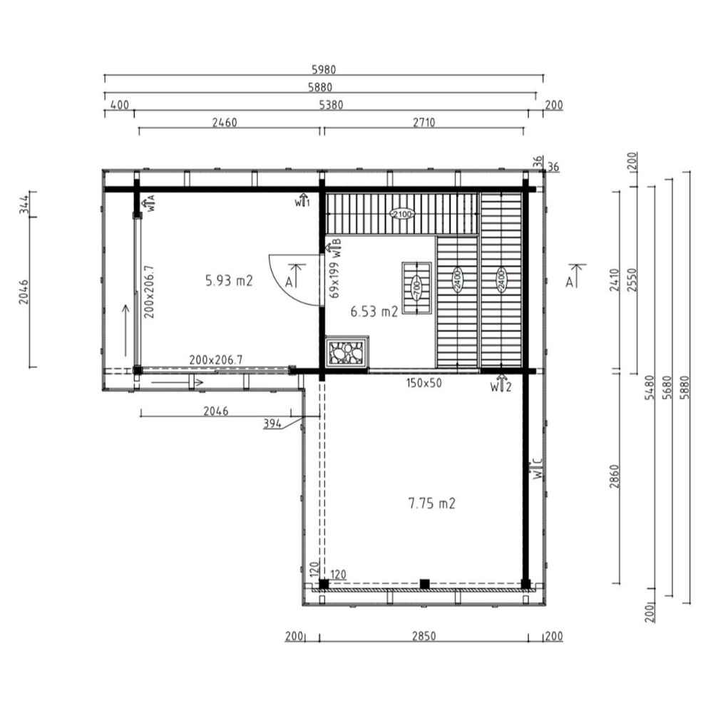 A floor plan of the GardenHouse24 USA Sauna Forte 70 Garden Room showing room divisions and precise measurements of each space