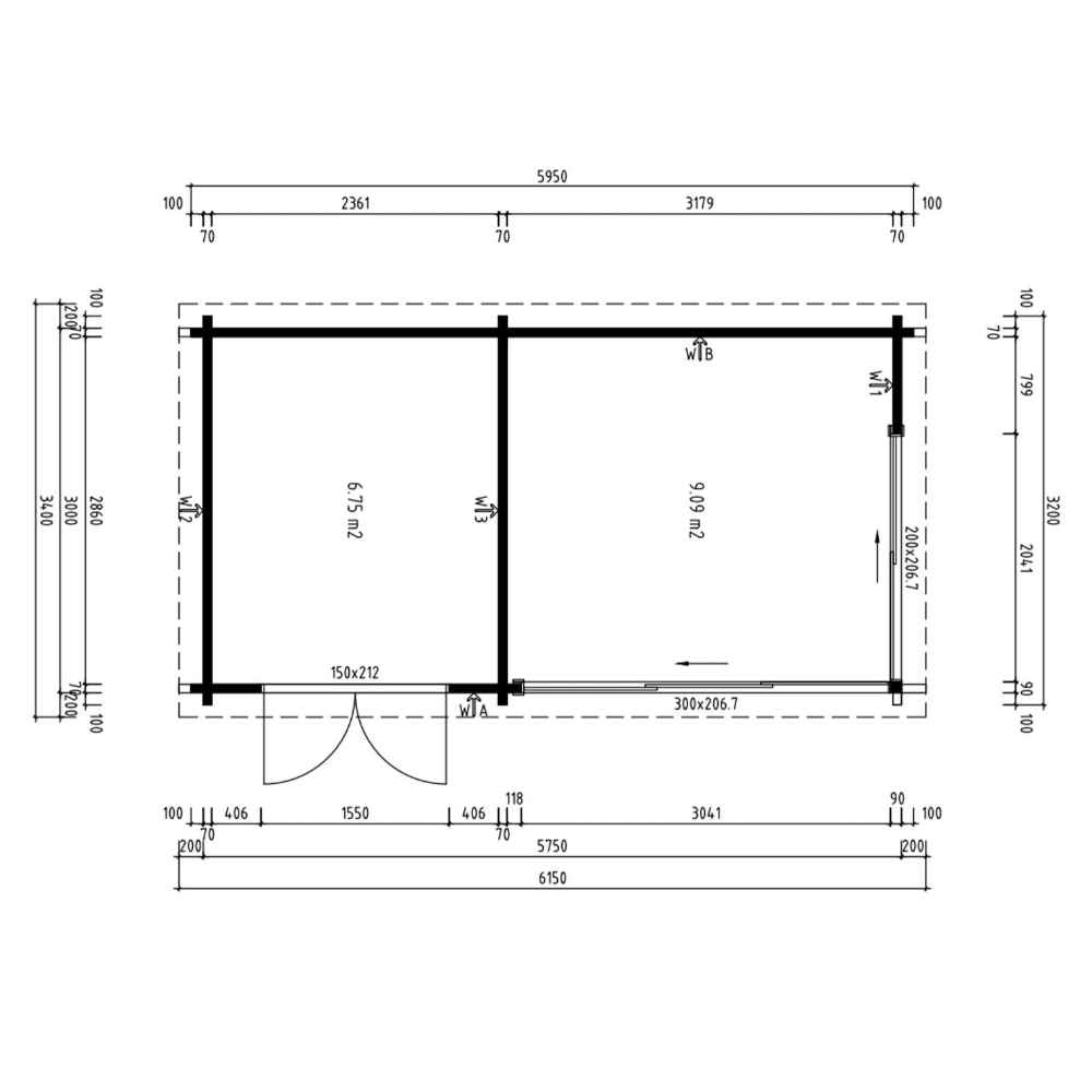 A floor plan showing the layout, room dimensions, and doorwindow placement for the GardenHouse24 USA ALU Concept 70J Garden Room