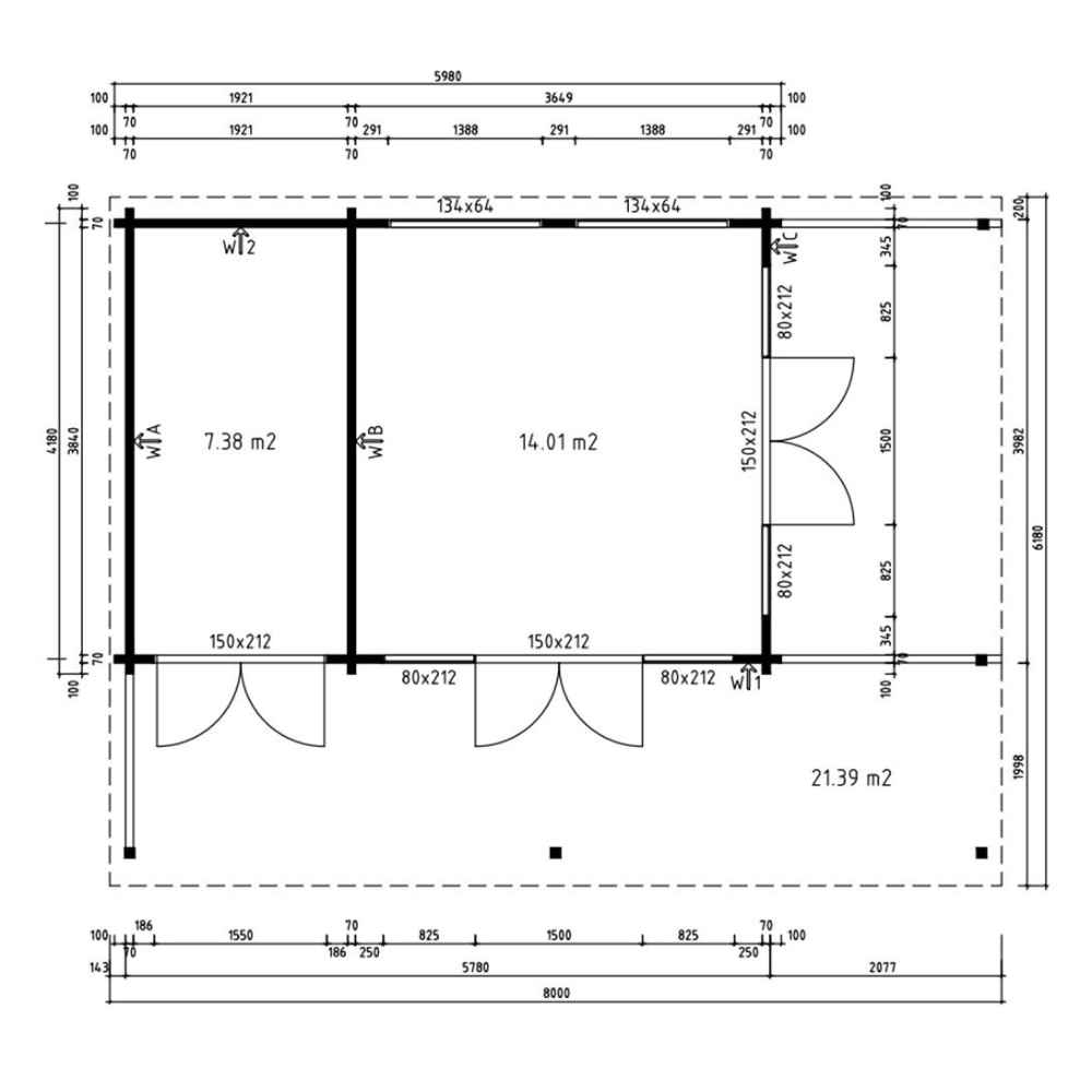A floor plan sketch of the GardenHouse24 USA Kilian 70 Garden Room outlines two interior rooms and a front terrace