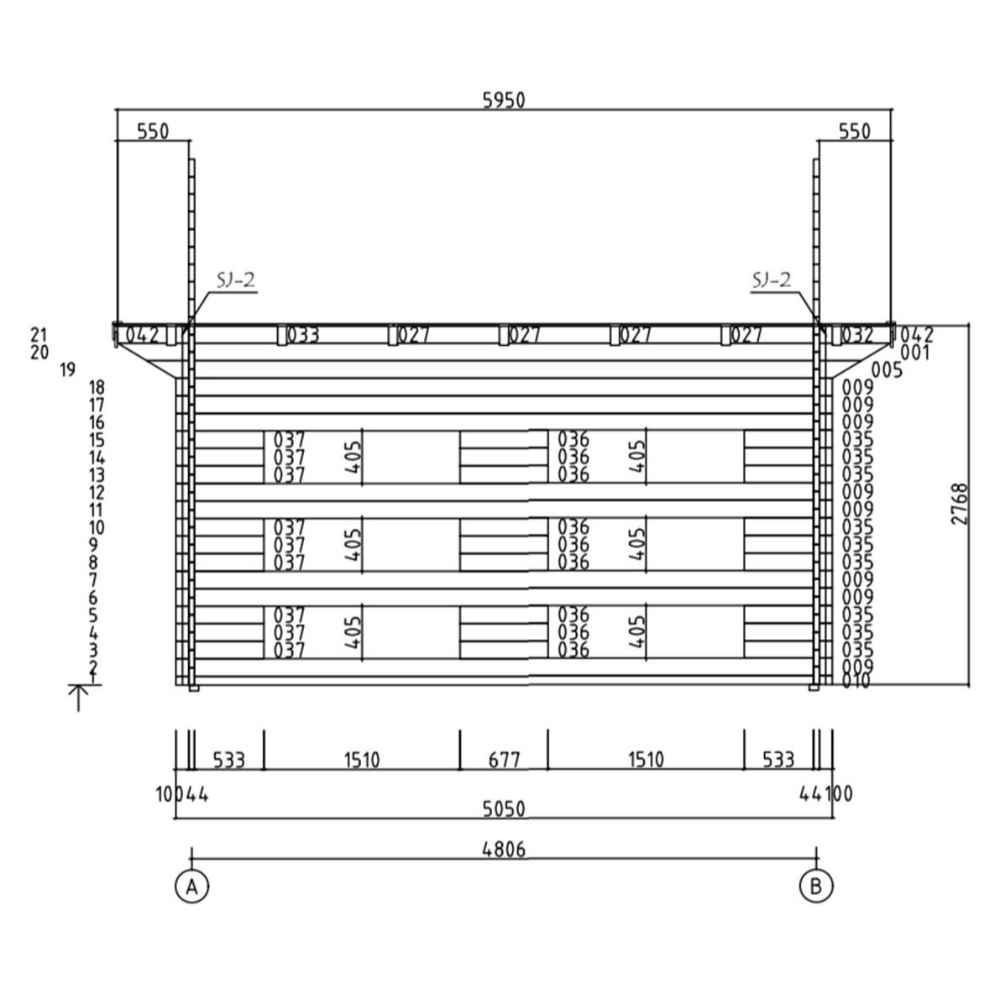 A front-facing technical blueprint of the GardenHouse24 USA Caddie 44A ALU ISO Garden Room displays its row of square windows and structural details