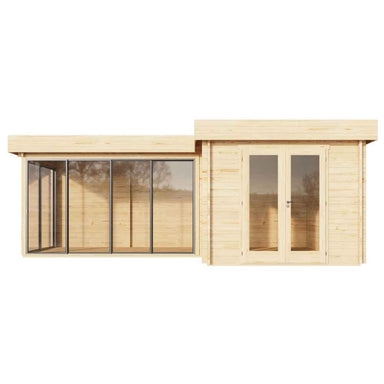 A front-facing view highlights the GardenHouse24 USA ALU Concept Quinta 70 Garden Room with wide sliding glass doors and double wooden entry doors