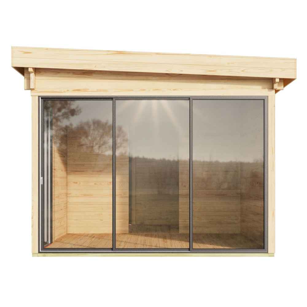 A front-facing view of a sleek GardenHouse24 USA ALU Concept 70G Garden Room showing full-height glass sliding doors that invite natural light