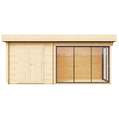 A front-facing view of the GardenHouse24 USA ALU Concept 70J Garden Room with wooden double doors on the left and full-glass sliding doors on the right