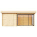 A front-facing view of the GardenHouse24 USA ALU Concept 70J Garden Room with wooden double doors on the left and full-glass sliding doors on the right