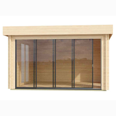A front-facing view of the GardenHouse24 USA ALU Concept Lounge 70A Garden Room, showcasing full-height sliding glass doors with a natural wood frame