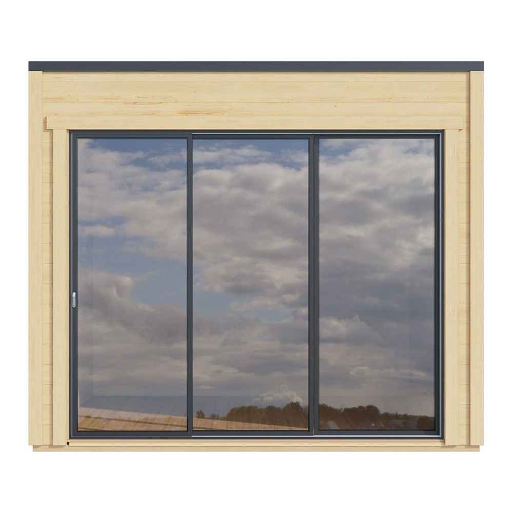 A front-facing view of the GardenHouse24 USA Q Bic ALU 70G Garden Room shows its sleek, reflective sliding glass doors under a flat roof