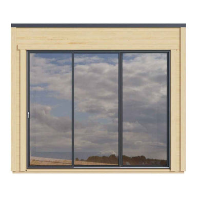 A front-facing view of the GardenHouse24 USA Q Bic ALU 70G Garden Room shows its sleek, reflective sliding glass doors under a flat roof