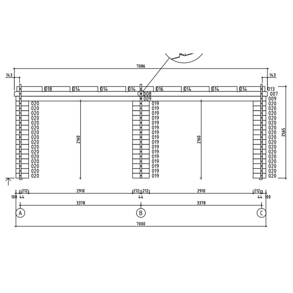 A front beam and pillar layout drawing illustrates structural spacing for the GardenHouse24 USA Kevin 44 VD Garden Room