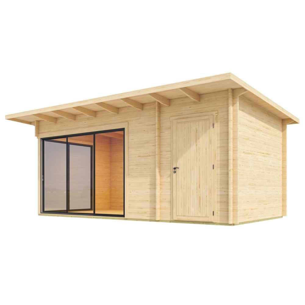A front corner view of the GardenHouse24 USA Starla 44B ALU Garden Room, emphasizing the entrance door and a glass wall section