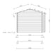 A front elevation blueprint of the GardenHouse24 USA Mikelli 44 Garden Room illustrates its exact wall width, height, and roof pitch for construction reference