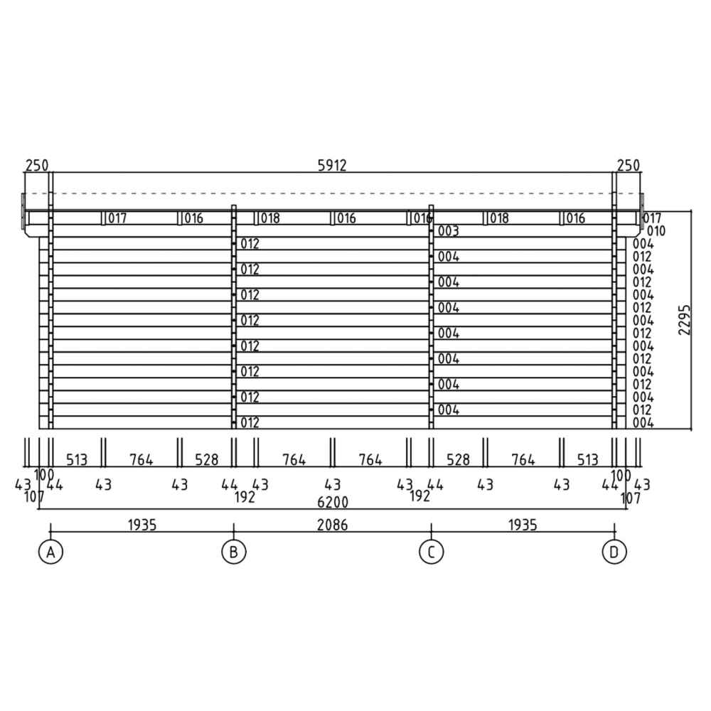 A front elevation technical drawing displays the wall panel layout of the GardenHouse24 USA Miriam 44C Classic Garden Room