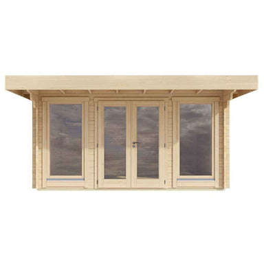 A front view of a wooden structure with symmetrical glass panels and central doors is the GardenHouse24 USA Barbara 44A Garden Room