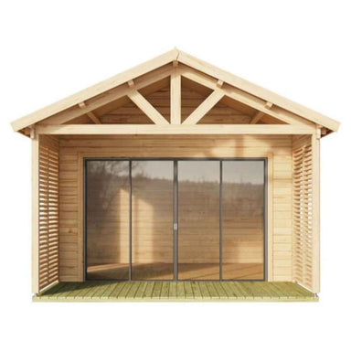 A front view of the GardenHouse24 USA ALU Concept Arosa 44A Garden Room features full-length glass sliding doors and symmetrical wooden privacy slats beneath a peaked roof