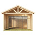 A front view of the GardenHouse24 USA ALU Concept Arosa 44A Garden Room features full-length glass sliding doors and symmetrical wooden privacy slats beneath a peaked roof