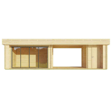 A front view of the GardenHouse24 USA Rait 44 Garden Room shows its wide glass doors on the left, open middle space, and a single entry door on the right
