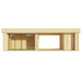 A front view of the GardenHouse24 USA Rait 44 Garden Room shows its wide glass doors on the left, open middle space, and a single entry door on the right
