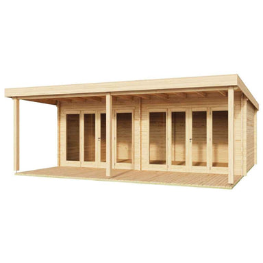 A frontal angle of the GardenHouse24 USA Kevin 44 VD Garden Room displays all six glass-panel doors and two supporting porch posts