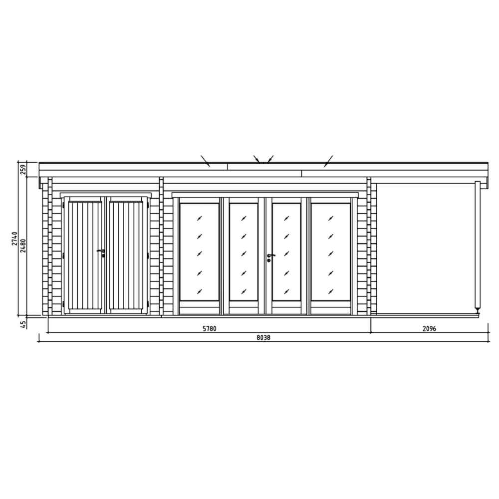 A frontal architectural drawing details the dimensions and layout of the GardenHouse24 USA Kilian 70 Garden Room
