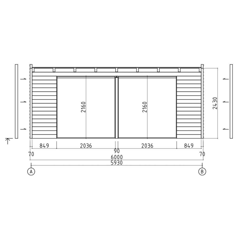 A frontal architectural sketch outlines the elevation and width of the GardenHouse24 USA Ramsay 70 A ALU Garden Room, highlighting window and door placements