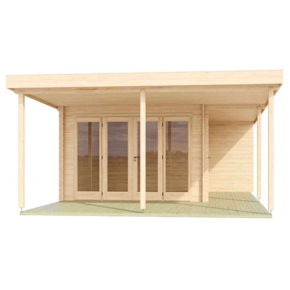 A frontal image of the GardenHouse24 USA Keno 70 Garden Room highlights its symmetrical design with four tall glass doors under a spacious roof