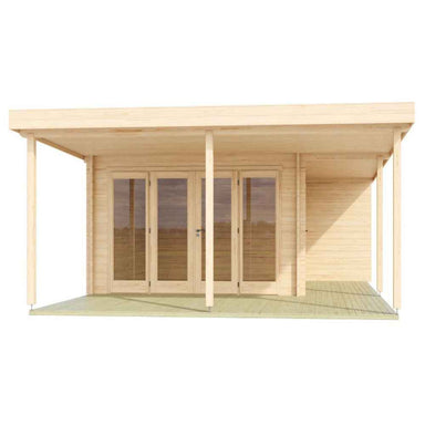 A frontal image of the GardenHouse24 USA Keno 70 Garden Room highlights its symmetrical design with four tall glass doors under a spacious roof