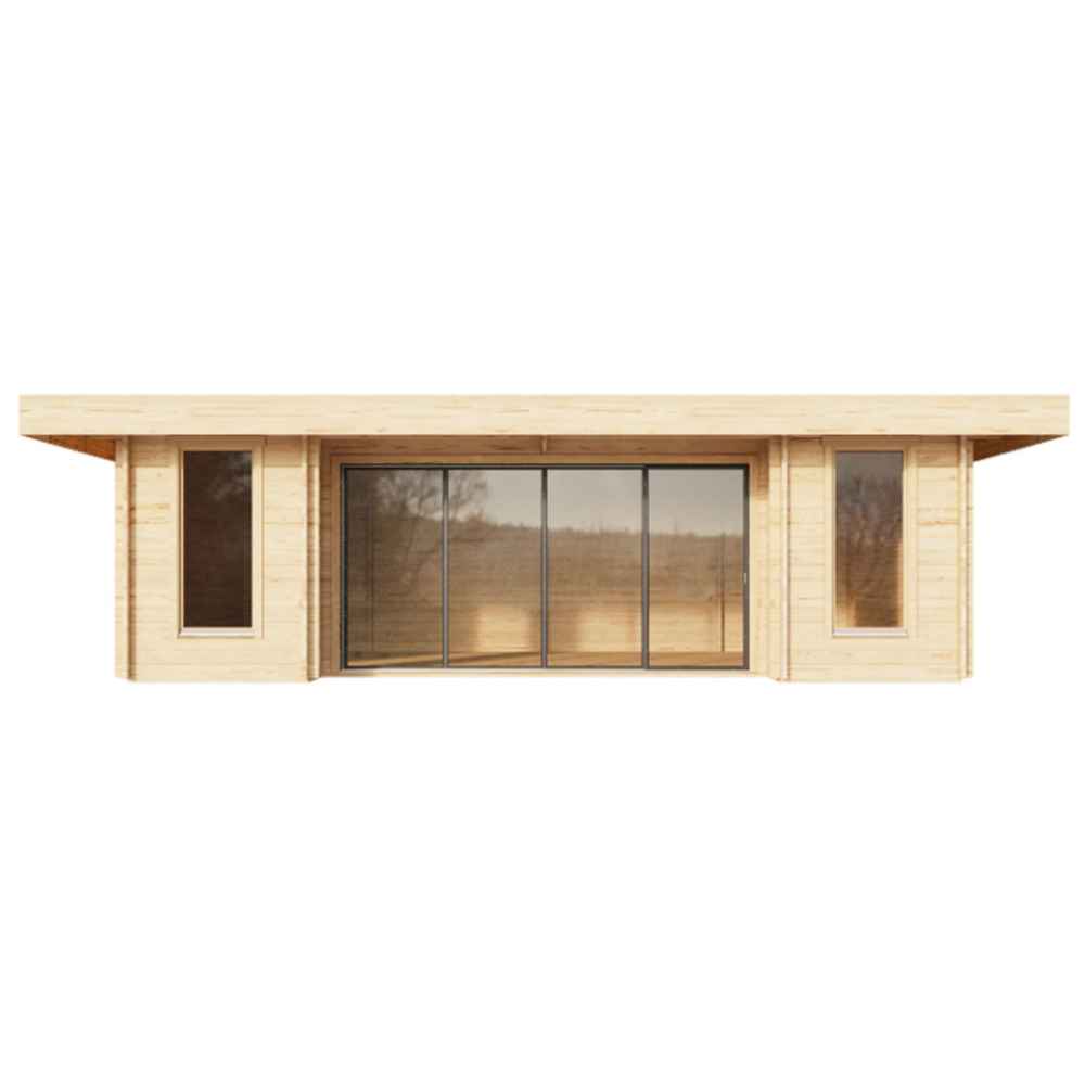 A frontal view of the GardenHouse24 USA ALU Concept 70Q Garden Room shows its symmetrical wooden structure with expansive sliding glass doors and vertical side windows