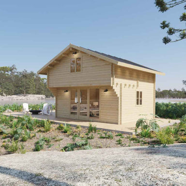 A full frontal view of Sawmill Structures The Northwood Grand DD 70mm Garden Room shows its symmetrical design and idyllic forest setting near a lake