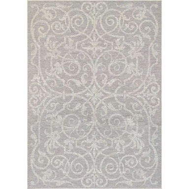 A full overhead view displays the intricate scroll design of Couristan Monaco Indoor/Outdoor Rug - Summer Quay/Cocoa Natural