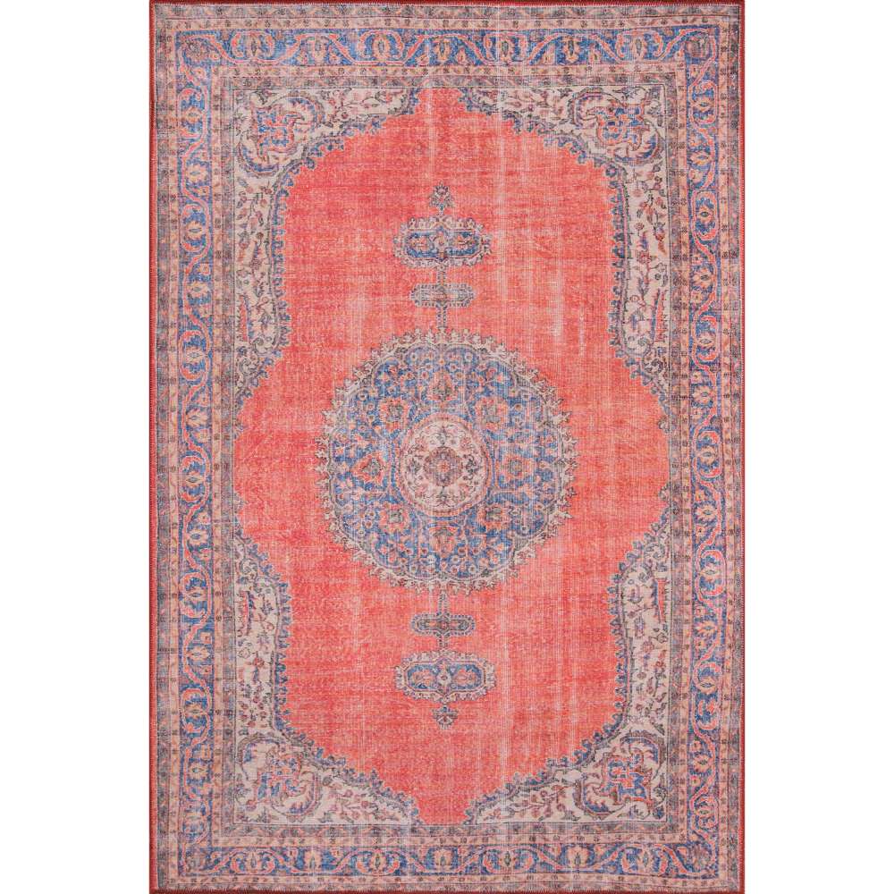 A full overhead view of Momeni Afshar Indoor Rug - AFS12 Red reveals its detailed central medallion and ornate border design