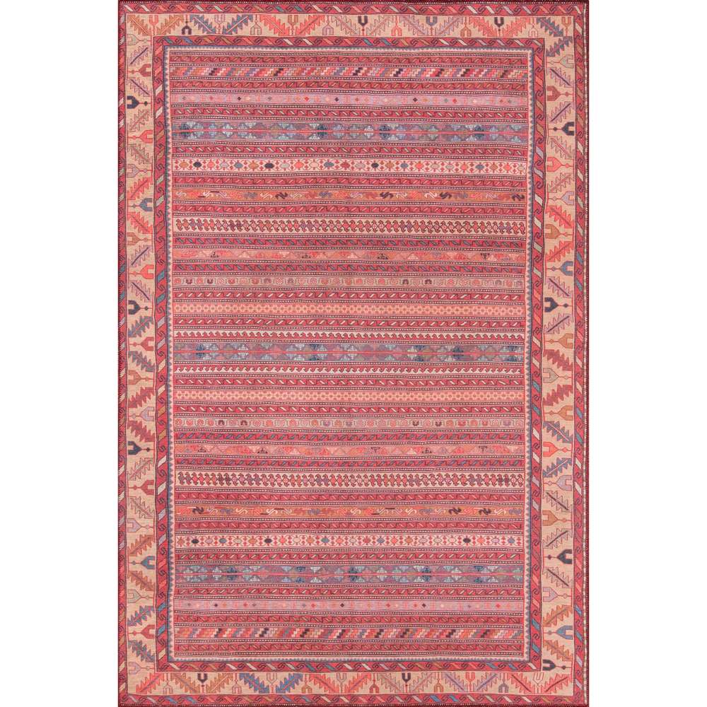 A full view of Momeni Afshar Indoor Rug - AFS-5 Multi reveals its rectangular design bordered by bold tribal patterns in red and tan hues