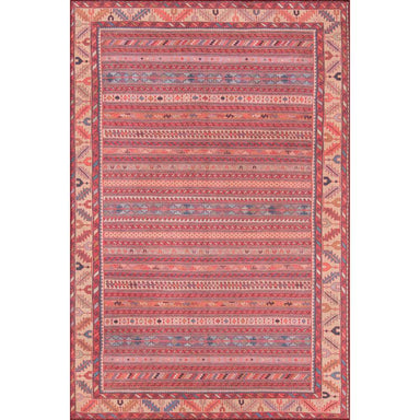 A full view of Momeni Afshar Indoor Rug - AFS-5 Multi reveals its rectangular design bordered by bold tribal patterns in red and tan hues