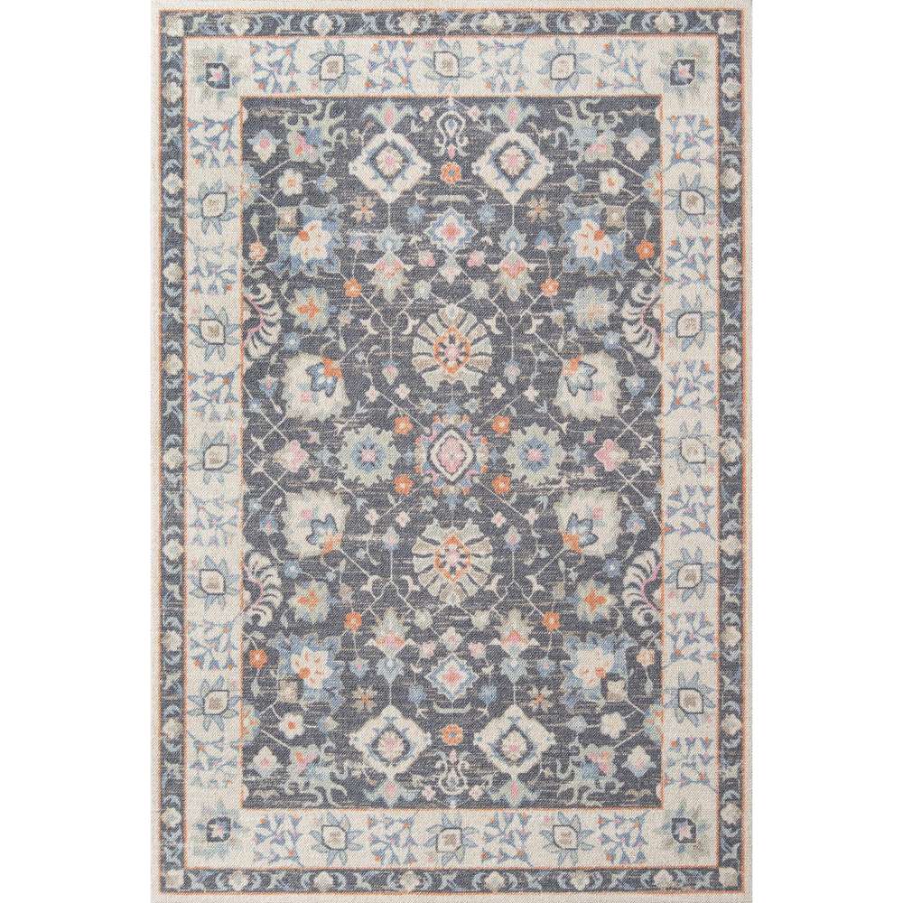 A full view of Momeni Anatolia Indoor Rug - ANA-8 Charcoal shows its symmetrical floral medallion pattern framed with ivory borders