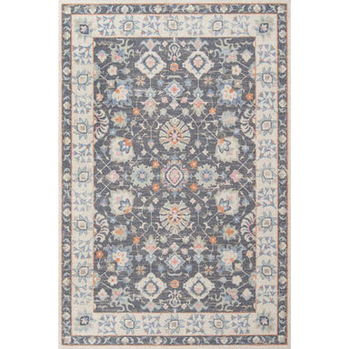 A full view of Momeni Anatolia Indoor Rug - ANA-8 Charcoal shows its symmetrical floral medallion pattern framed with ivory borders