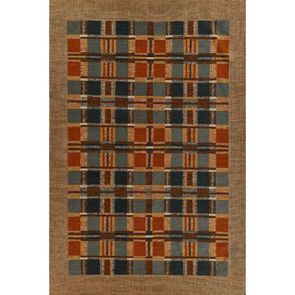 A full view of the Momeni Adobe Indoor Rug - ADO-3 Blue highlights its plaid design with earthy tones framed by a solid border