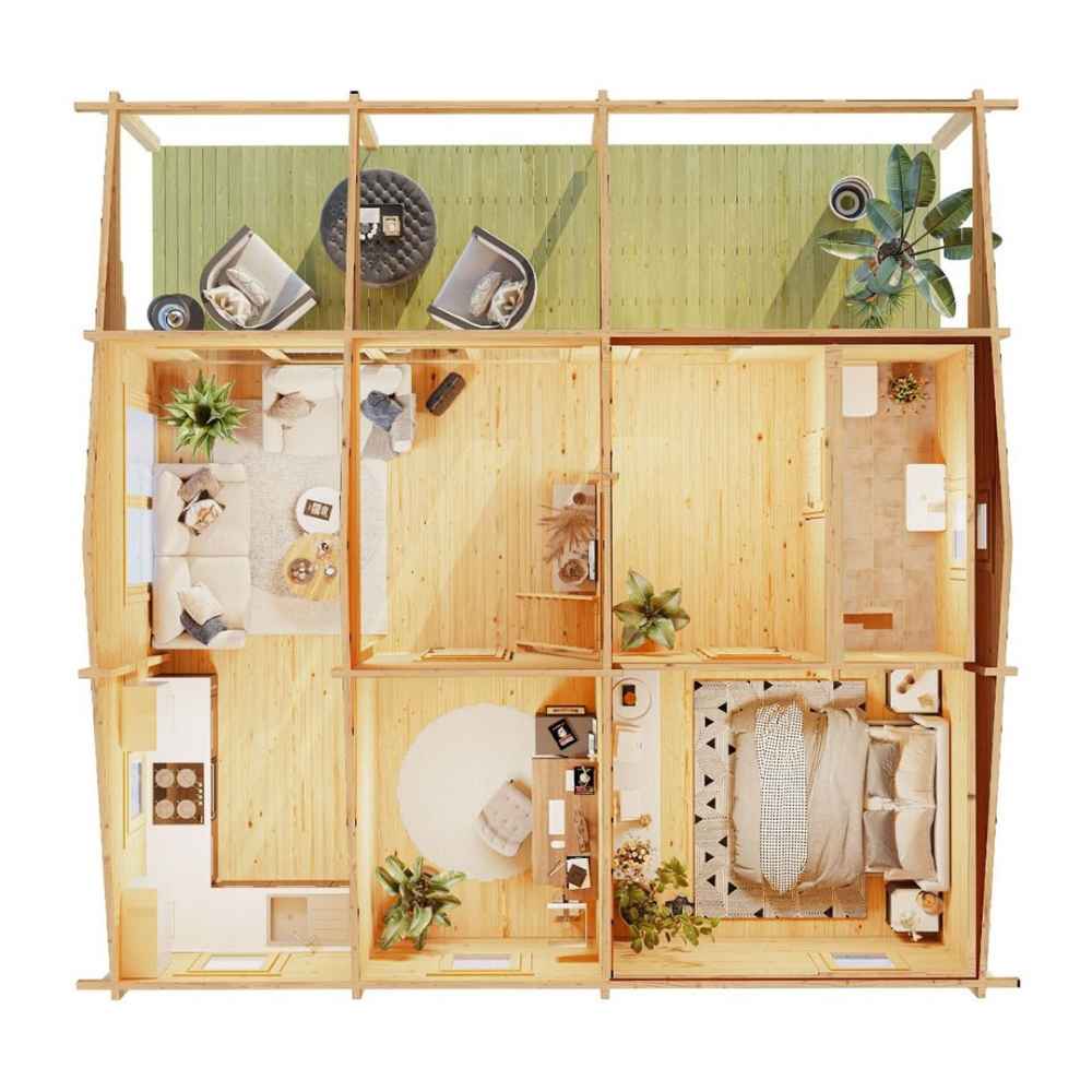 A fully furnished top-down view of the GardenHouse24 USA Mikka 70B Garden Room featuring two bedrooms, an office, a living area, and a porch with seating