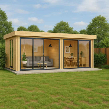 A grassy backyard frames a furnished interior visible through the glass panels of the GardenHouse24 USA ALU Concept Lounge 70B Garden Room