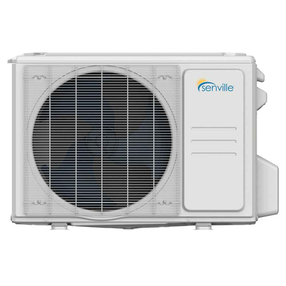 A gray rectangular outdoor compressor with a large front-facing fan and the Senville logo, part of Senville 36000 BTU Tri-Zone Mini Split Air Conditioner - Heat Pump - SENA36HFT