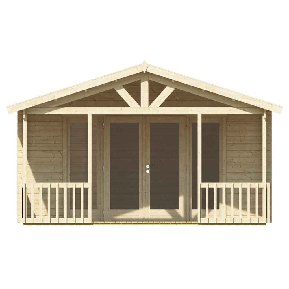 A head-on view of the GardenHouse24 USA Nepean 44A Garden Room, clearly showing the entrance with double glass doors, railings, and gable roof features