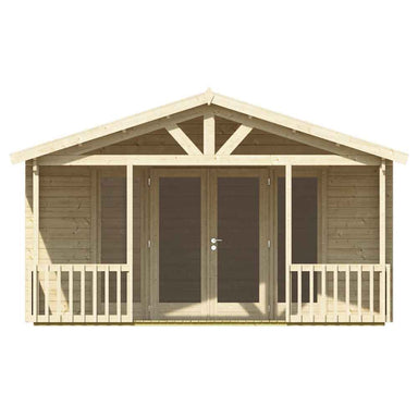 A head-on view of the GardenHouse24 USA Nepean 44A Garden Room, clearly showing the entrance with double glass doors, railings, and gable roof features