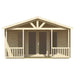 A head-on view of the GardenHouse24 USA Nepean 44A Garden Room, clearly showing the entrance with double glass doors, railings, and gable roof features