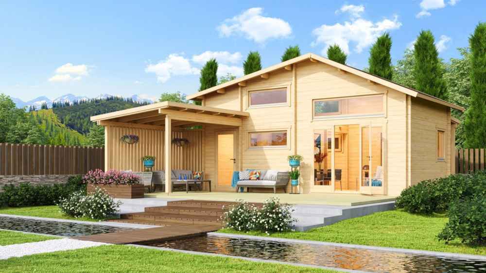 A landscaped image with mountains in the background and a wooden bridge leading to the GardenHouse24 USA Montreal 70 Garden Room