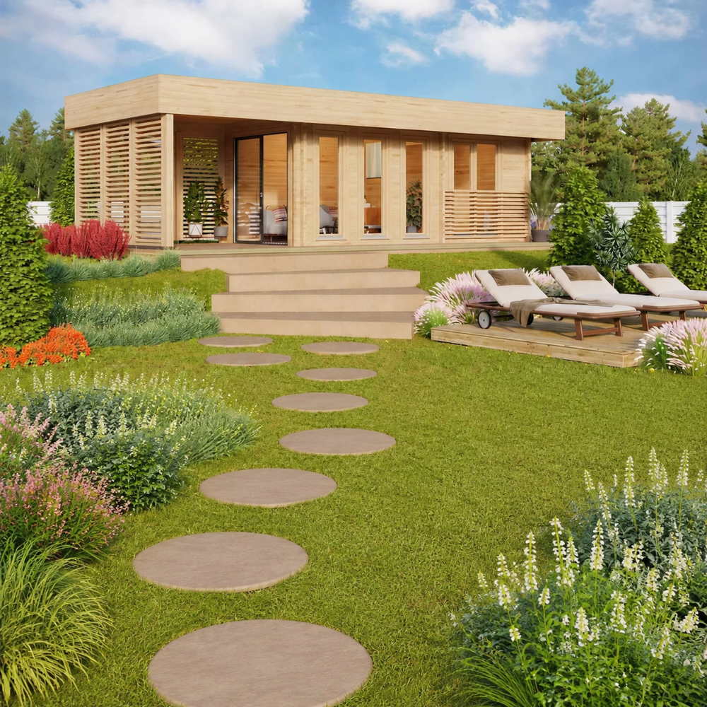 A landscaped version of the GardenHouse24 USA Sauna Largo 90 Garden Room surrounded by bright flowers and lounge chairs in a vibrant backyard setting