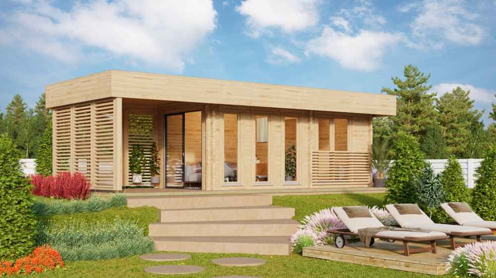 A landscaped version of the GardenHouse24 USA Sauna Largo 90 Garden Room surrounded by bright flowers and lounge chairs in a vibrant backyard setting