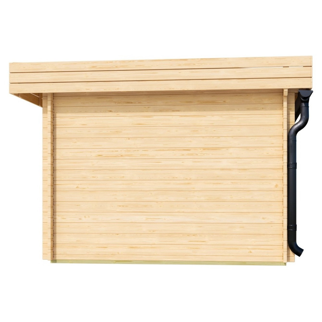 A left-side exterior view of the GardenHouse24 USA Miriam 44B Classic Garden Room shows a plain wooden wall under a flat, extended roof with a black gutter
