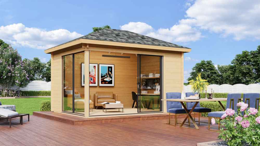 A lifestyle image features the GardenHouse24 USA Pavilion ALU 44B Garden Room in a lush yard, set up as a stylish home office and lounge