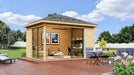 A lifestyle image features the GardenHouse24 USA Pavilion ALU 44B Garden Room in a lush yard, set up as a stylish home office and lounge