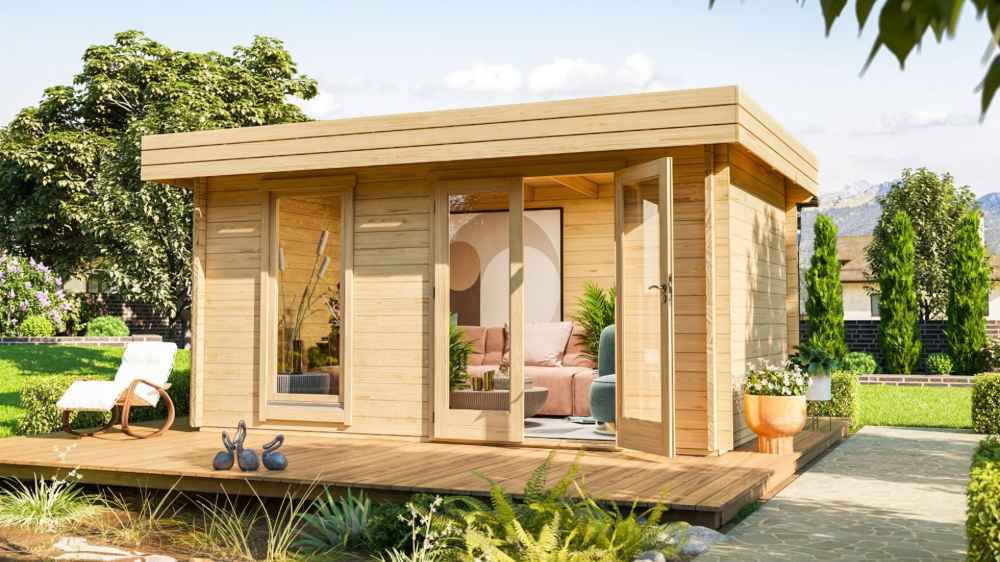 A lifestyle image of the GardenHouse24 USA Miriam 44A Modern Garden Room set in a lush backyard with open doors and cozy furnishings inside